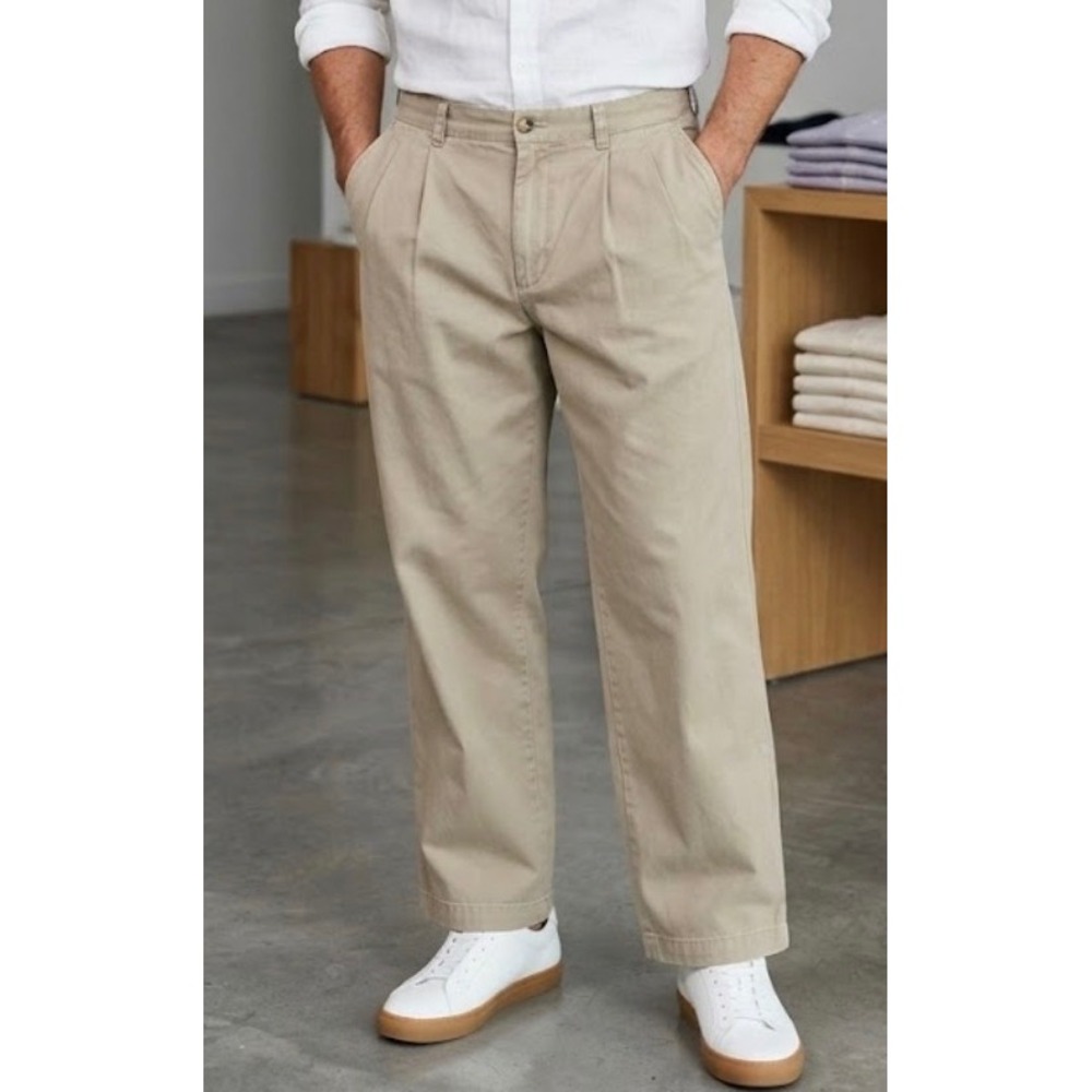 Duluth Trading Co Mens Pleated Chino Pants Khaki Tan 100% Cotton 38x30